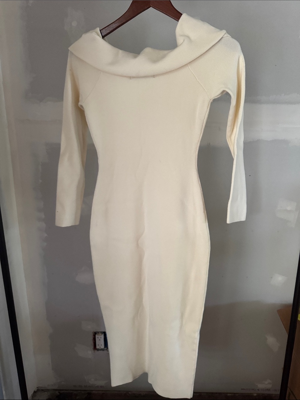 Off-Shoulder Cream Midi Knit Dress - Picture 5 of 6